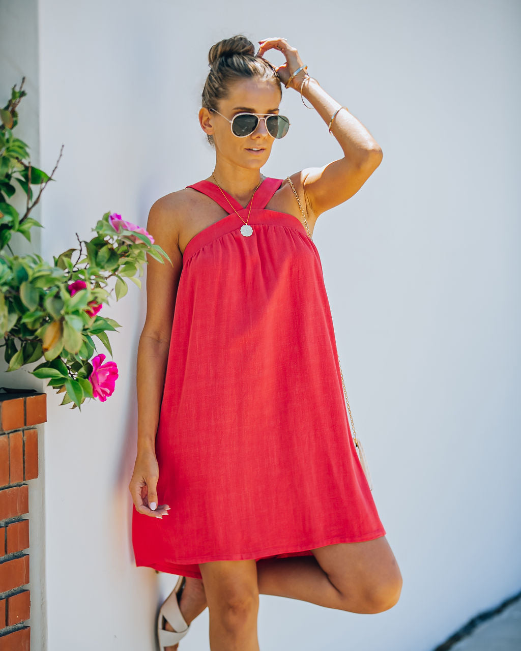 Hot Fun Linen Blend Halter Dress - Hot Pink Ins Street