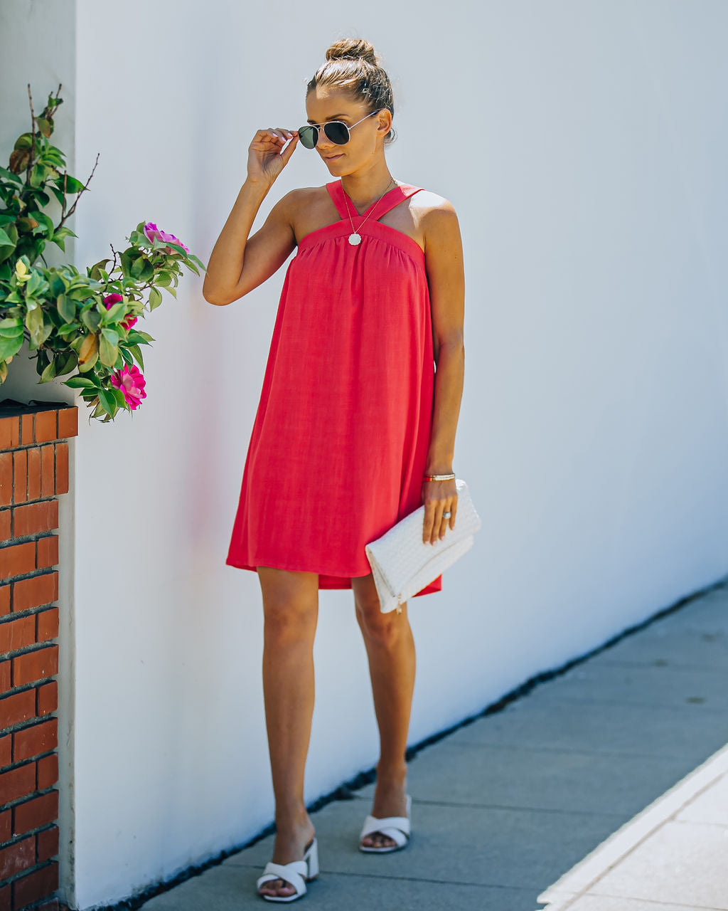 Hot Fun Linen Blend Halter Dress - Hot Pink Ins Street