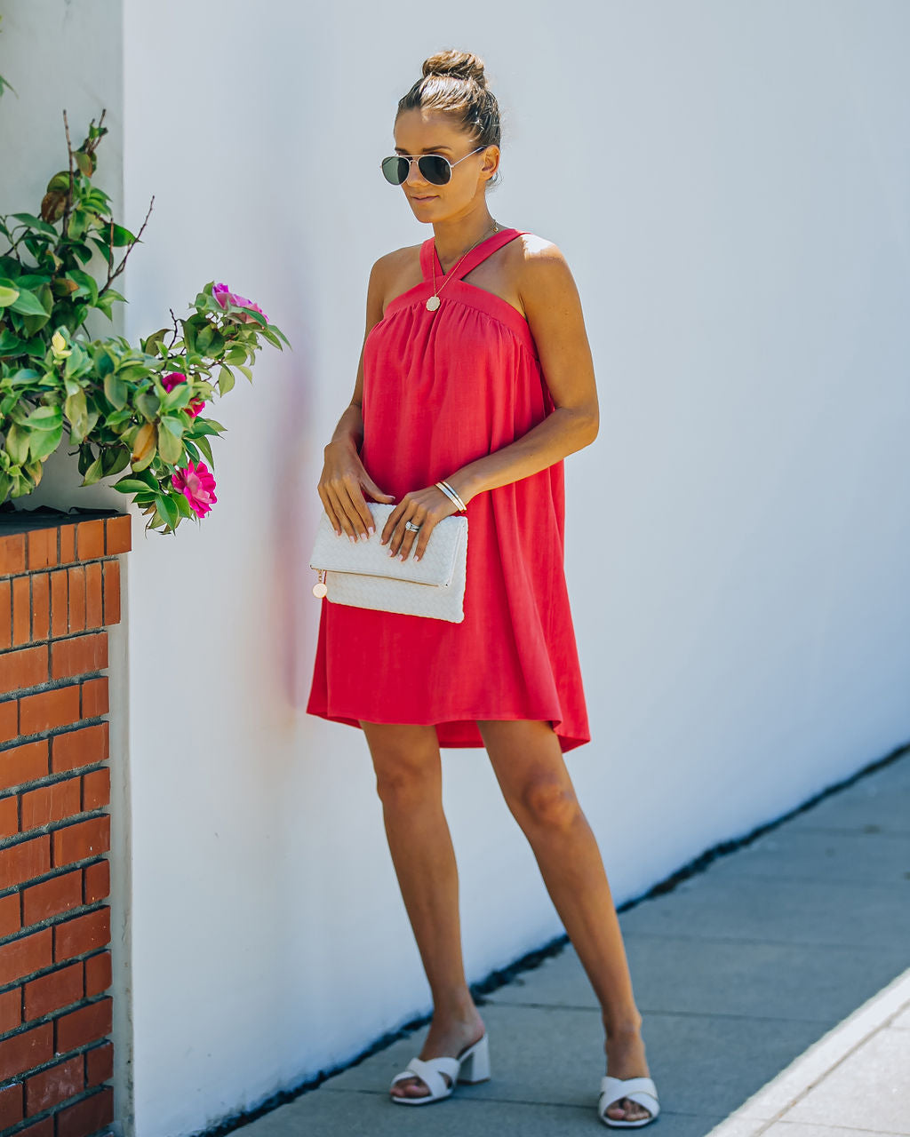 Hot Fun Linen Blend Halter Dress - Hot Pink Ins Street