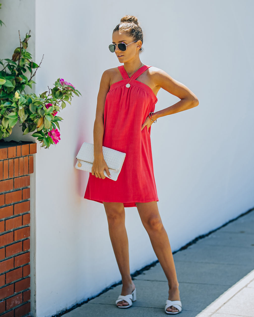 Hot Fun Linen Blend Halter Dress - Hot Pink Ins Street