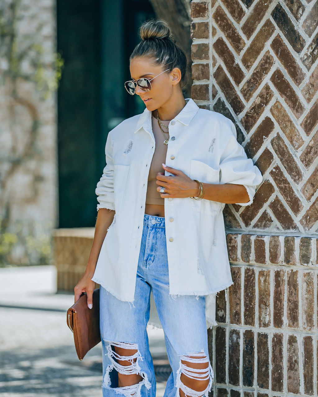 Thinking Out Loud Cotton Distressed Denim Jacket - Off White - FINAL SALE POL-001