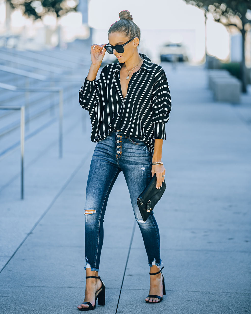 Xara Striped Button Down Blouse - Black Ins Street