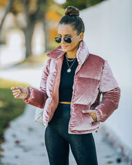 Powder Pocketed Velvet Puffer Jacket - Mauve Ins Street