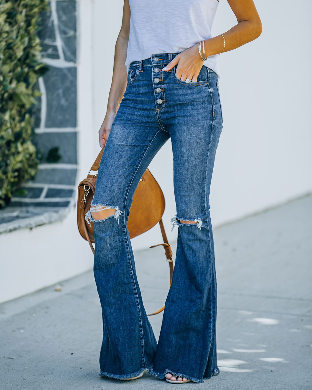 Marlie High Rise Distressed Bell Bottom Denim Ins Street