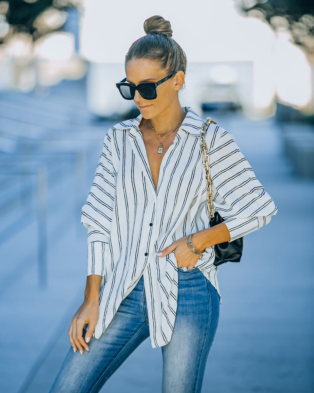 Xara Striped Button Down Blouse - White Ins Street