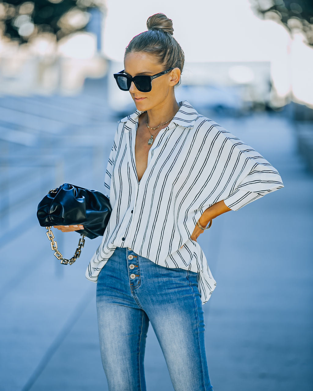 Xara Striped Button Down Blouse - White Ins Street