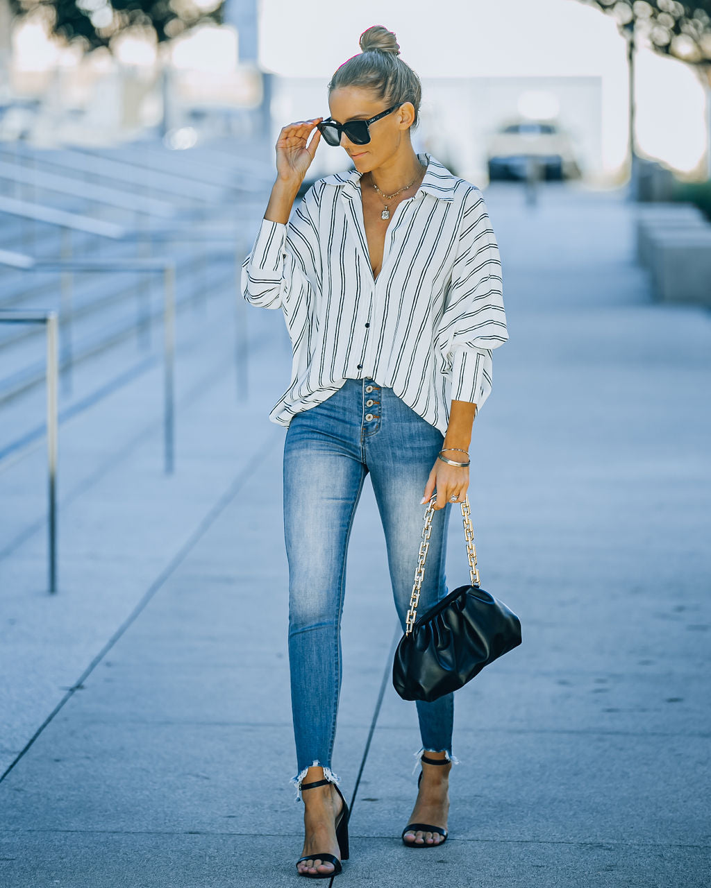 Xara Striped Button Down Blouse - White Ins Street