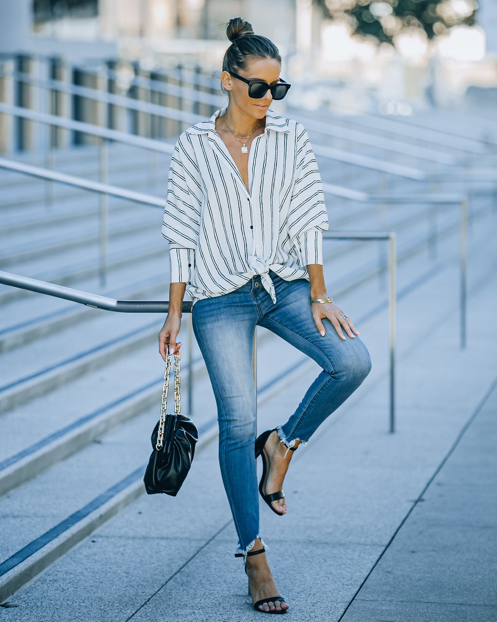 Xara Striped Button Down Blouse - White Ins Street