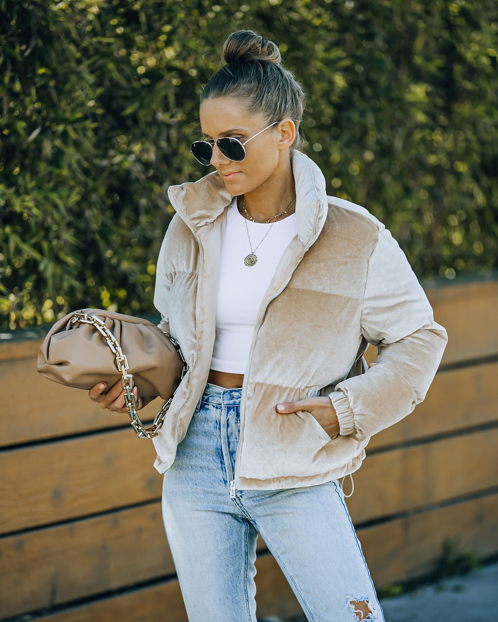 Powder Pocketed Velvet Puffer Jacket - Beige Ins Street