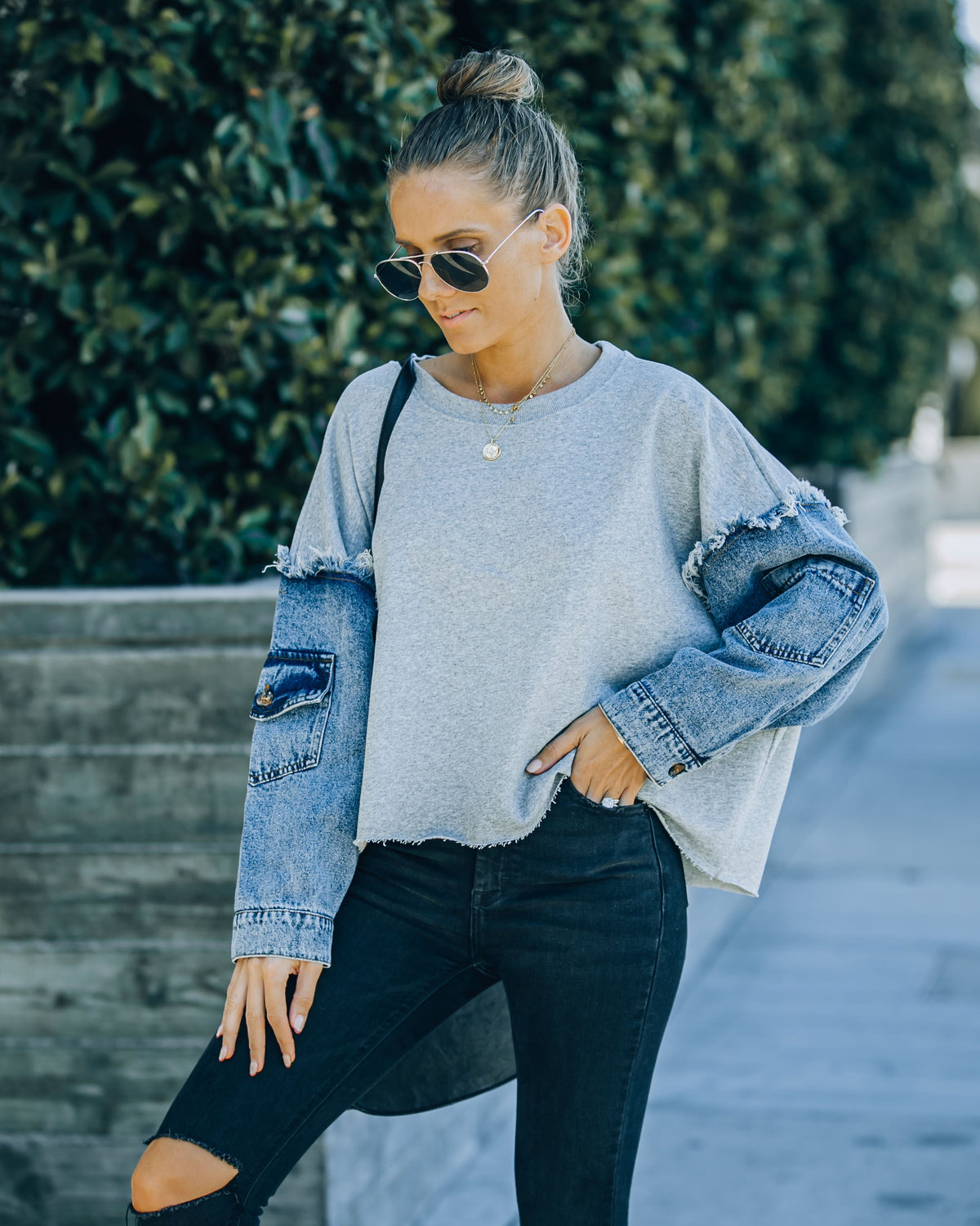 Riot Cotton Denim Sleeve Knit Top Ins Street