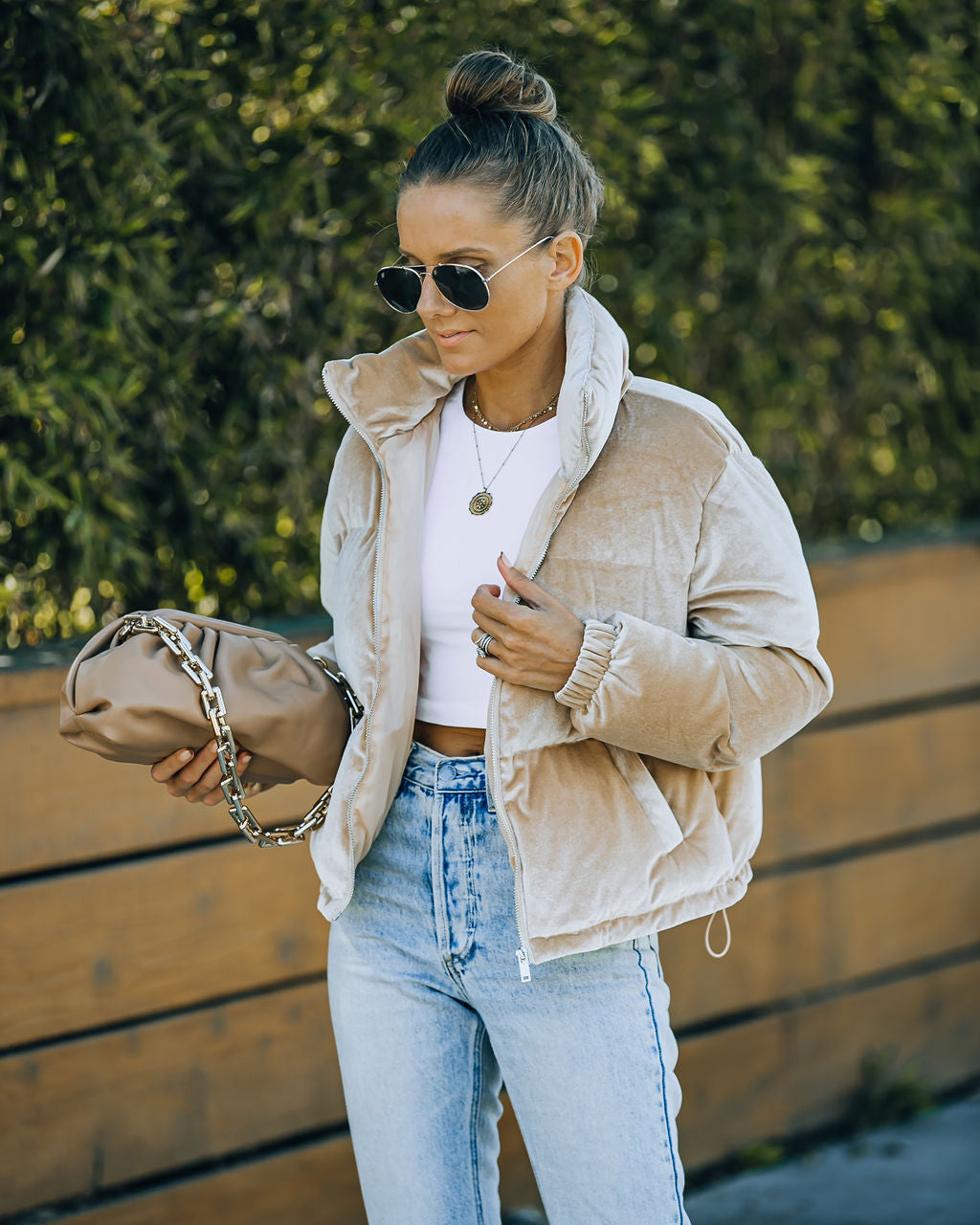 Powder Pocketed Velvet Puffer Jacket - Beige Ins Street