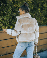 Powder Pocketed Velvet Puffer Jacket - Beige Ins Street