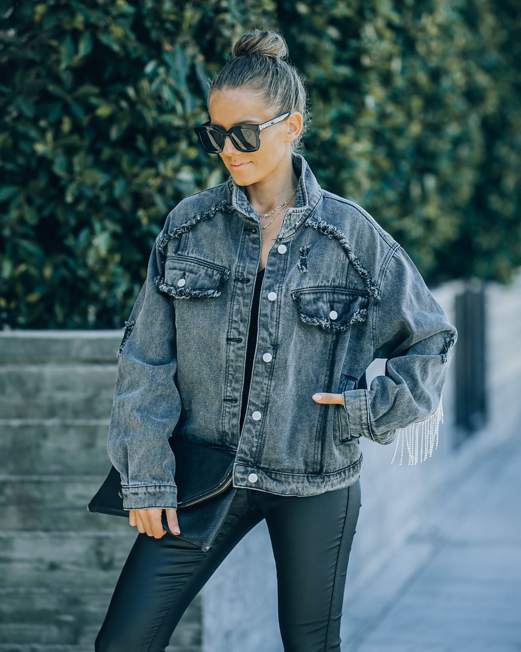 Pyper Pocketed Fringe Rhinestone Denim Jacket Ins Street