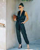 Upstage Pocketed Tie Front Satin Jumpsuit DO+B-001