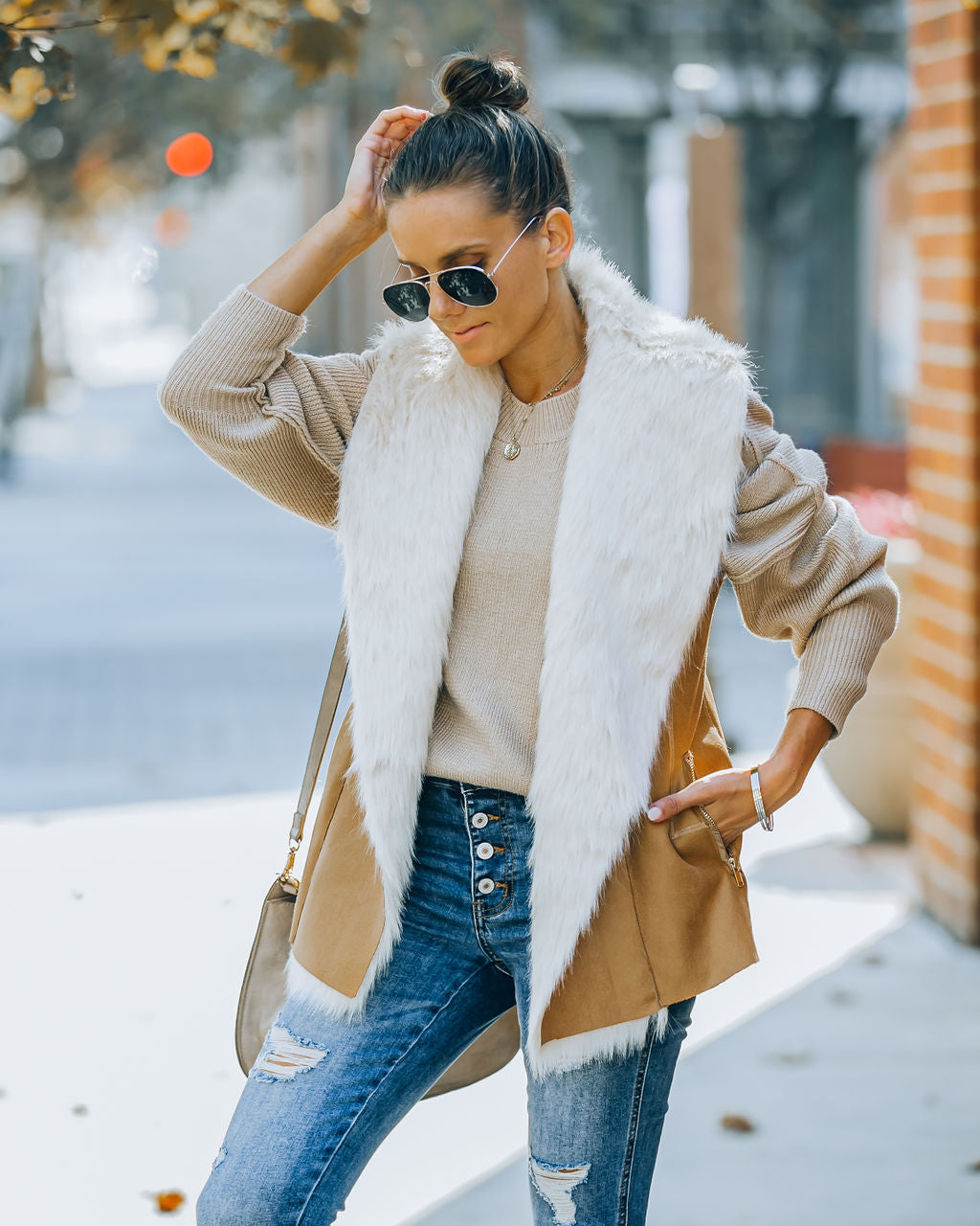 Mammoth Pocketed Faux Fur Lined Vest - Camel Ins Street