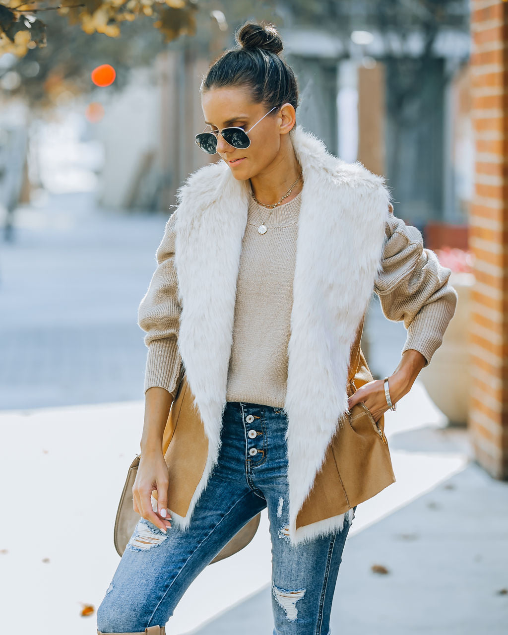 Mammoth Pocketed Faux Fur Lined Vest - Camel Ins Street