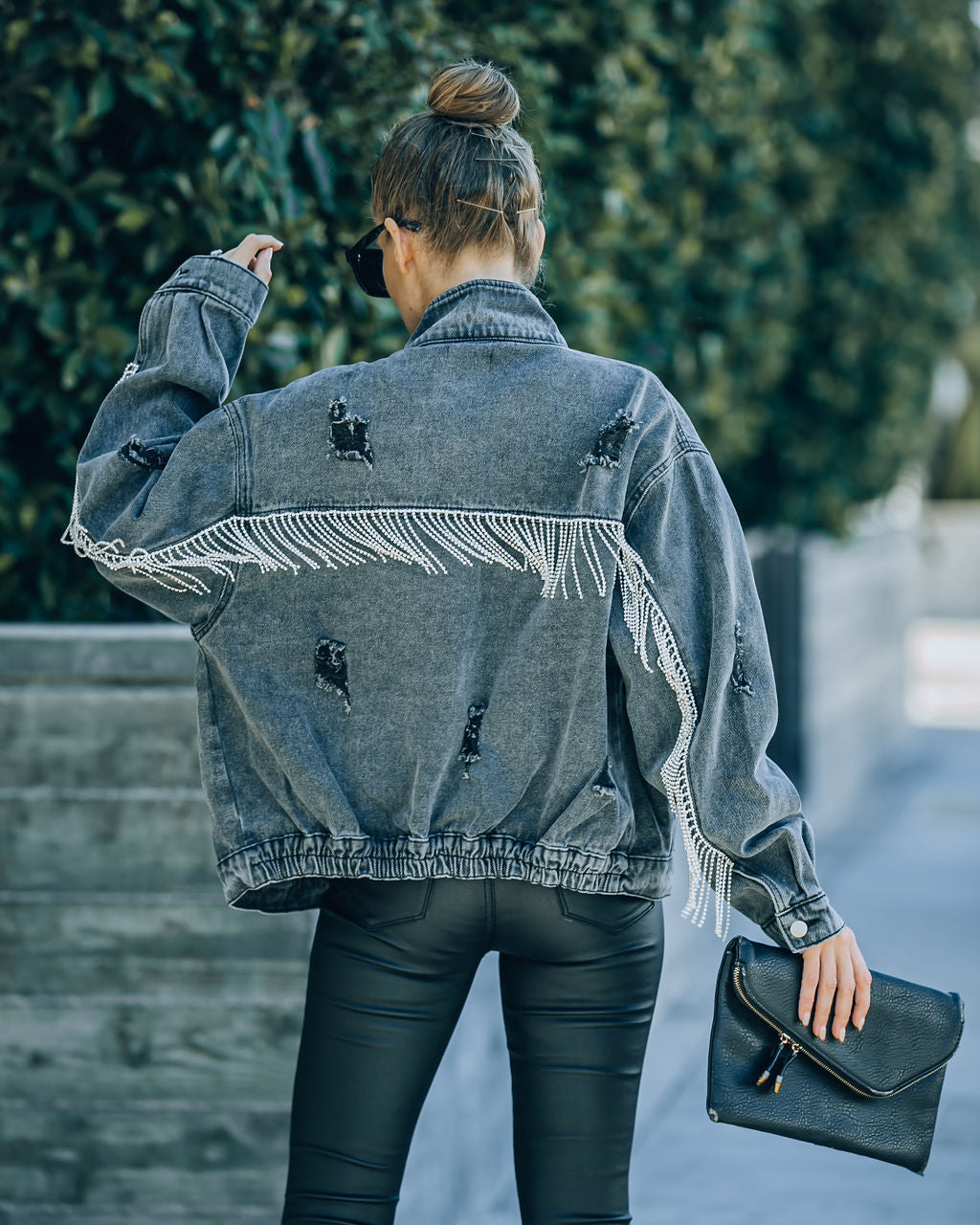 Pyper Pocketed Fringe Rhinestone Denim Jacket Ins Street