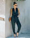 Upstage Pocketed Tie Front Satin Jumpsuit DO+B-001