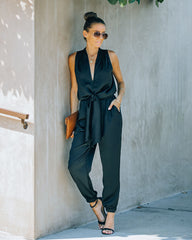 Upstage Pocketed Tie Front Satin Jumpsuit DO+B-001