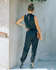 Upstage Pocketed Tie Front Satin Jumpsuit DO+B-001