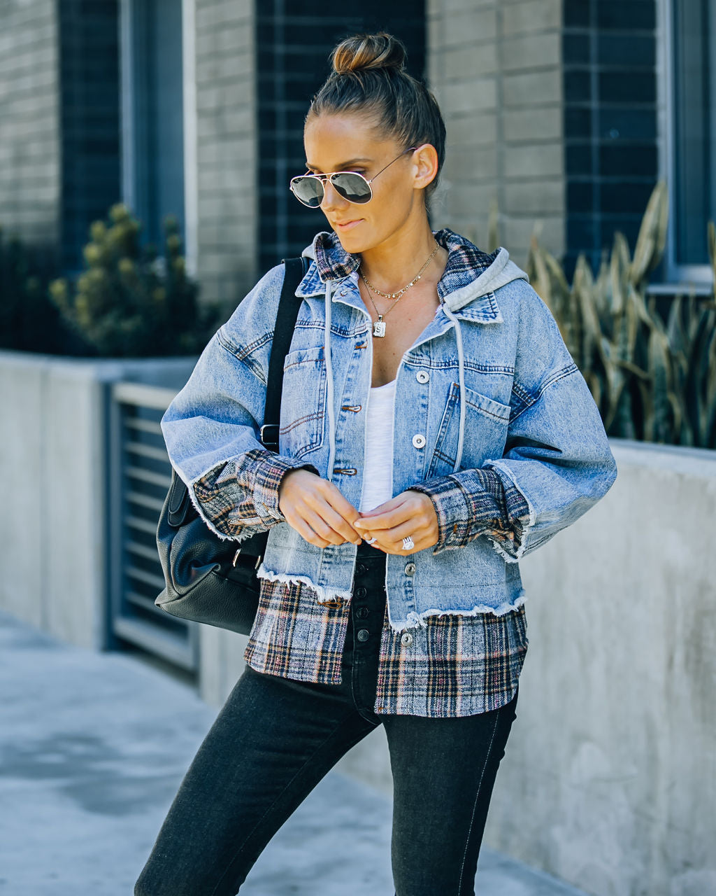 Adrien Contrast Plaid Hooded Denim Jacket DANC-001