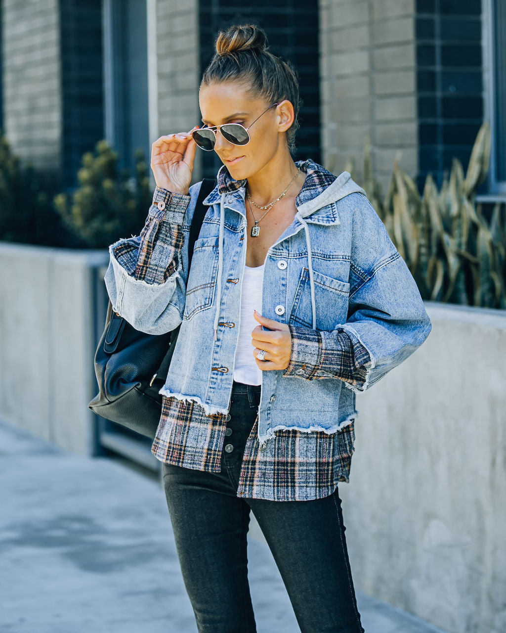 Adrien Contrast Plaid Hooded Denim Jacket DANC-001