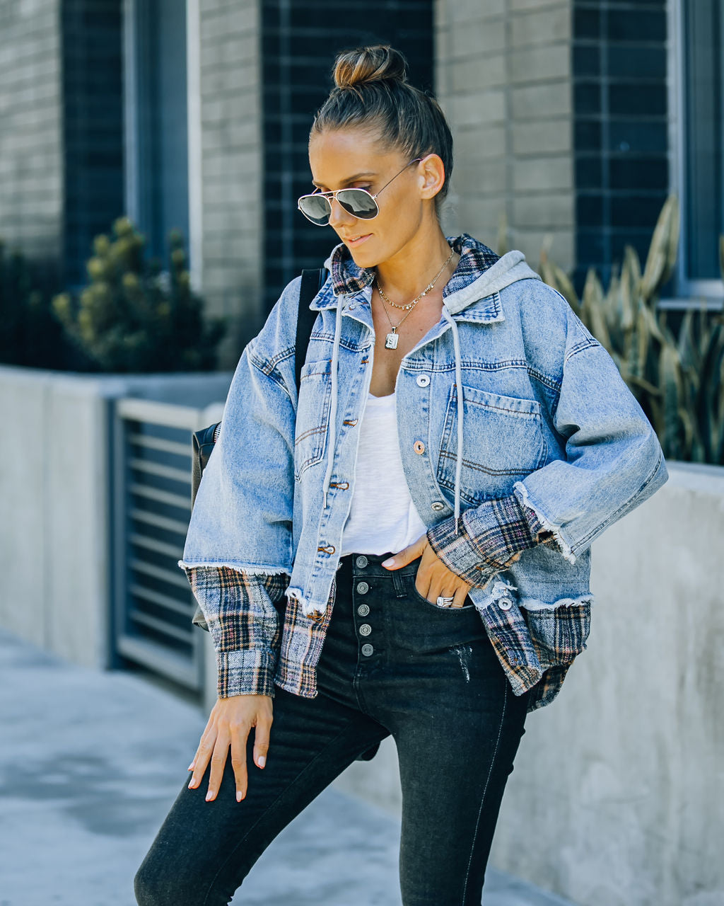 Adrien Contrast Plaid Hooded Denim Jacket DANC-001