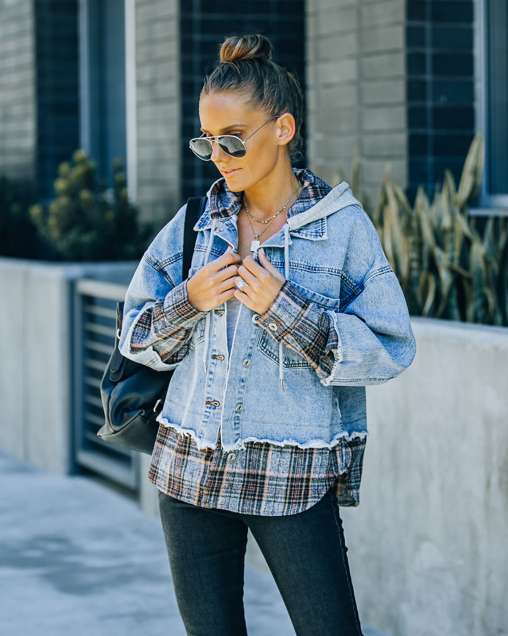 Adrien Contrast Plaid Hooded Denim Jacket DANC-001