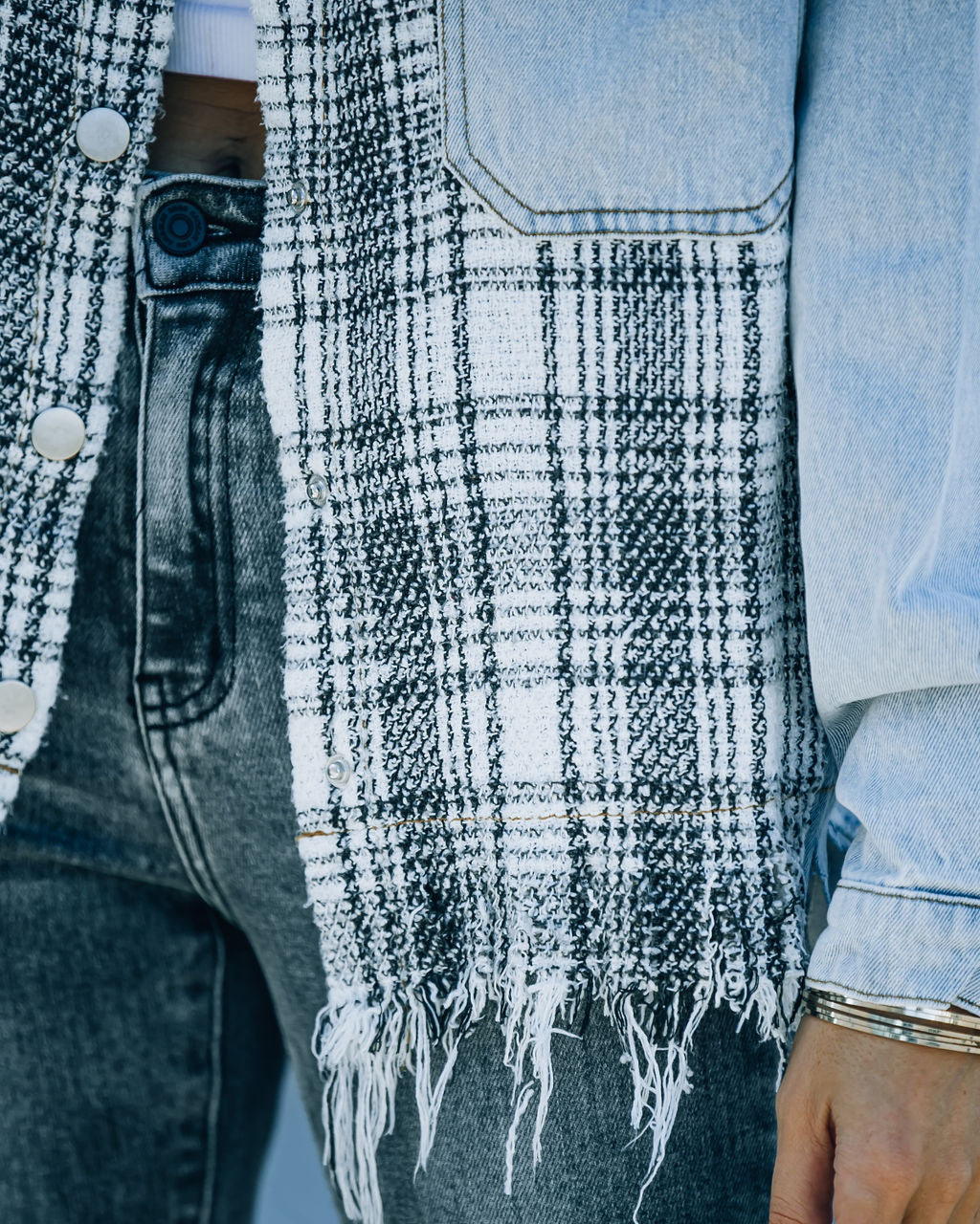 Kaylyn Contrast Plaid Frayed Denim Shacket Ins Street