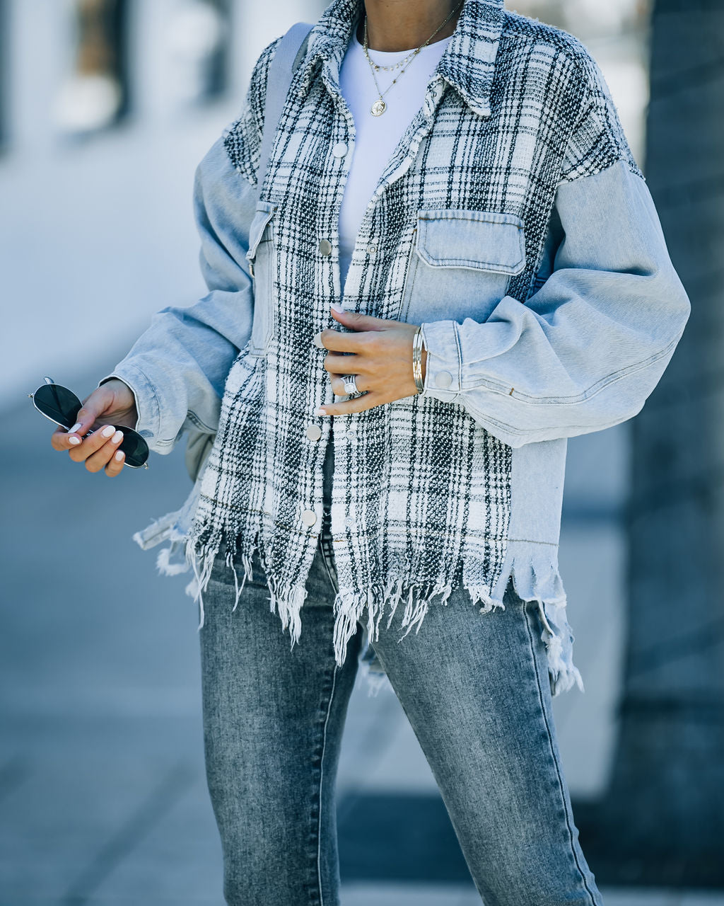 Kaylyn Contrast Plaid Frayed Denim Shacket Ins Street