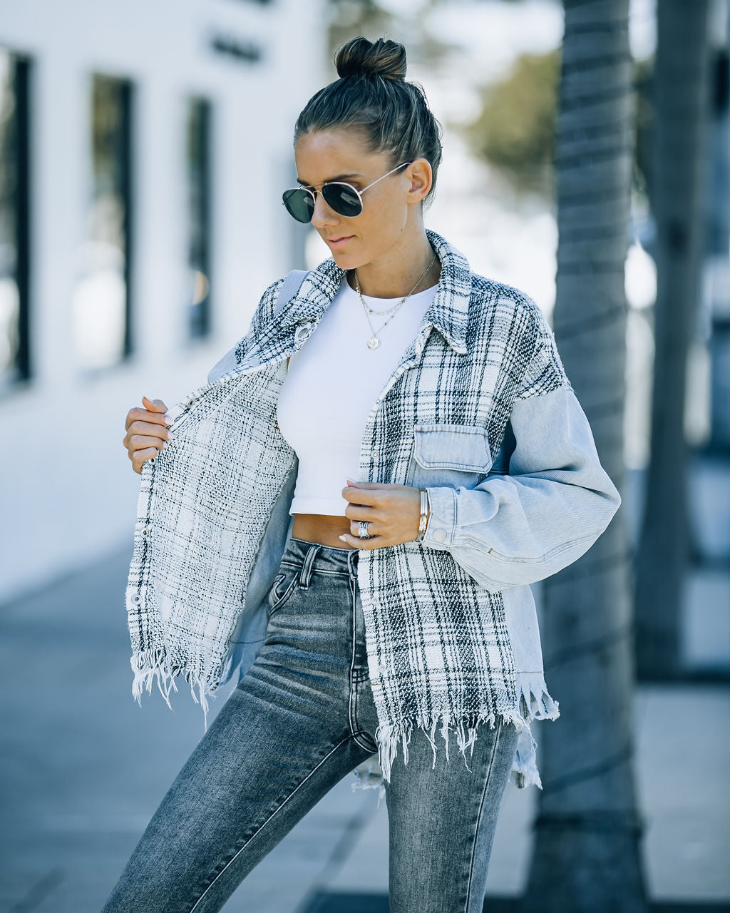 Kaylyn Contrast Plaid Frayed Denim Shacket Ins Street