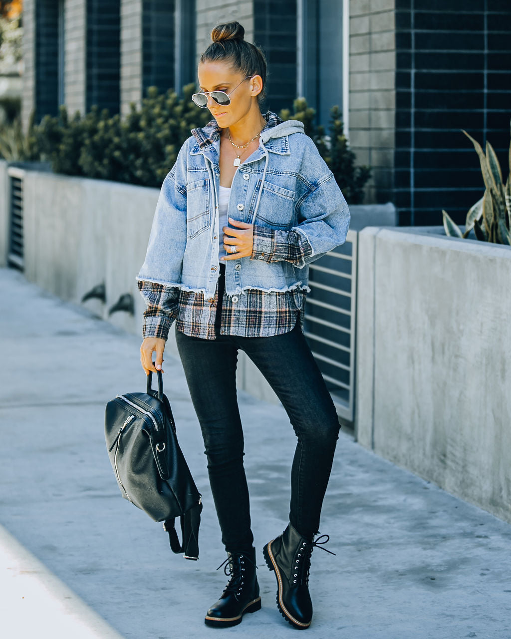 Adrien Contrast Plaid Hooded Denim Jacket DANC-001