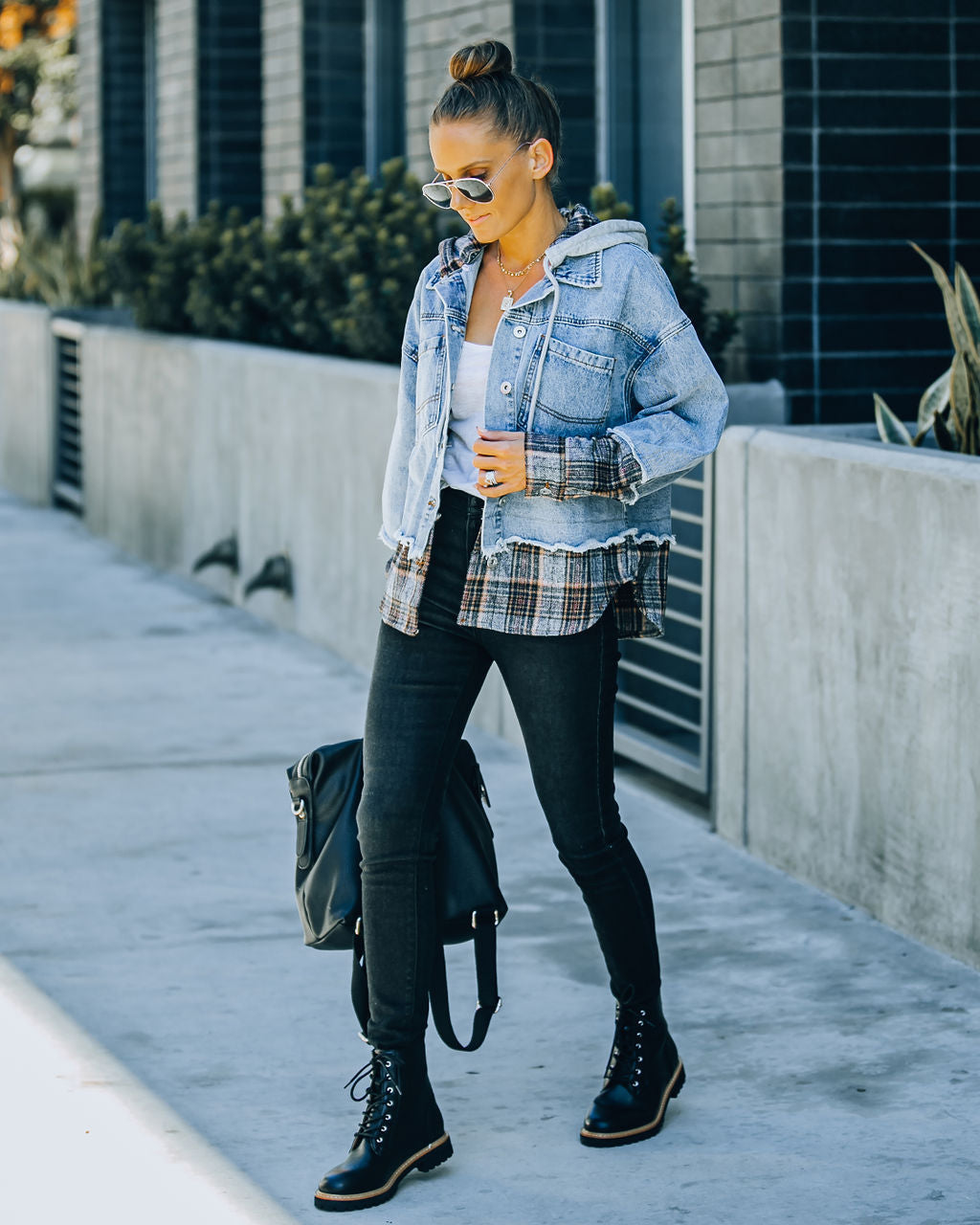 Adrien Contrast Plaid Hooded Denim Jacket DANC-001