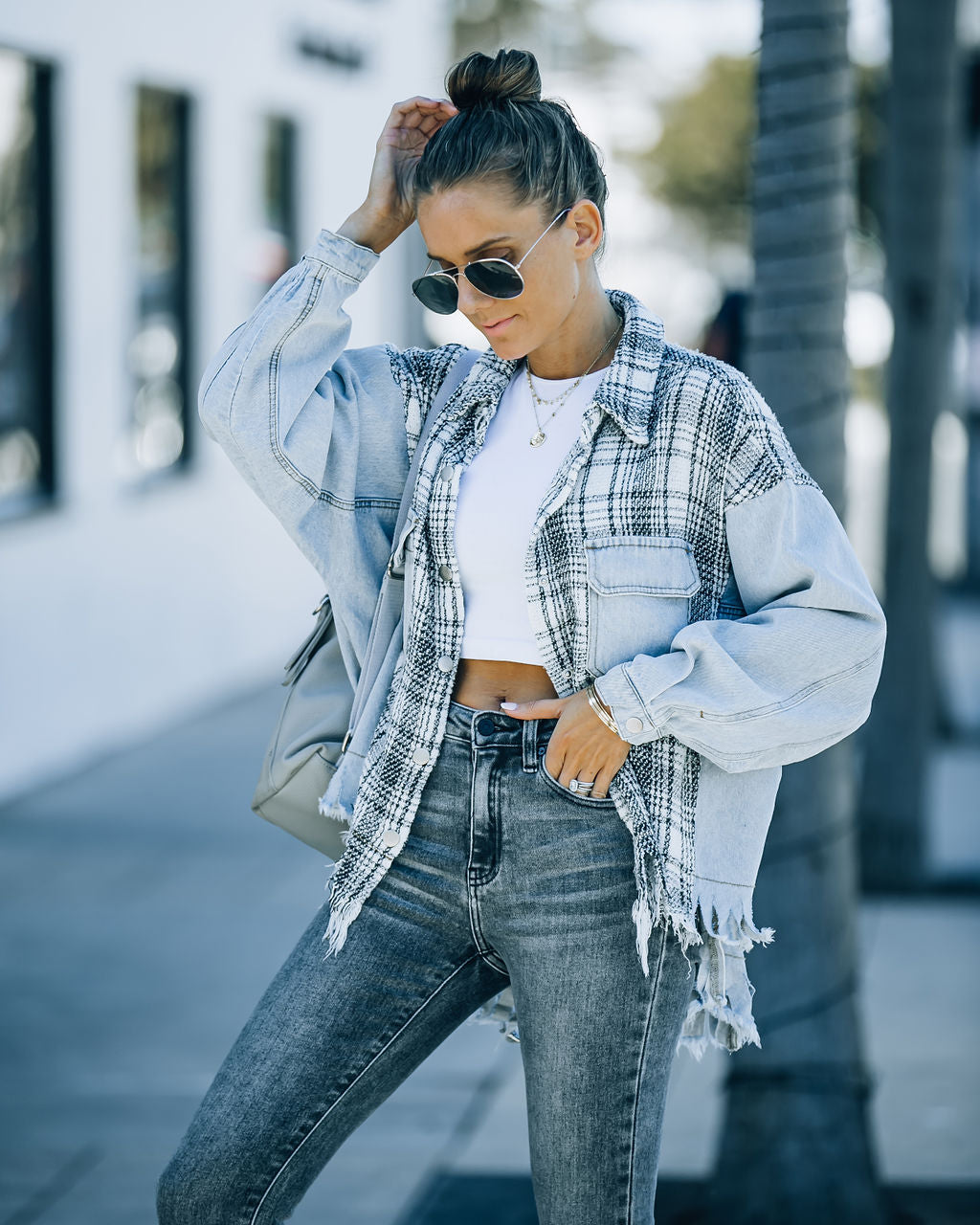 Kaylyn Contrast Plaid Frayed Denim Shacket Ins Street