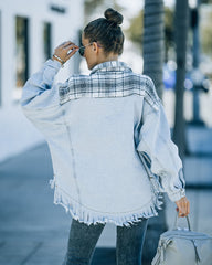 Kaylyn Contrast Plaid Frayed Denim Shacket Ins Street