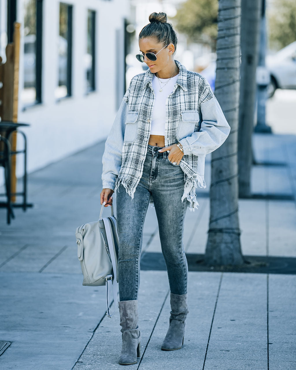 Kaylyn Contrast Plaid Frayed Denim Shacket Ins Street