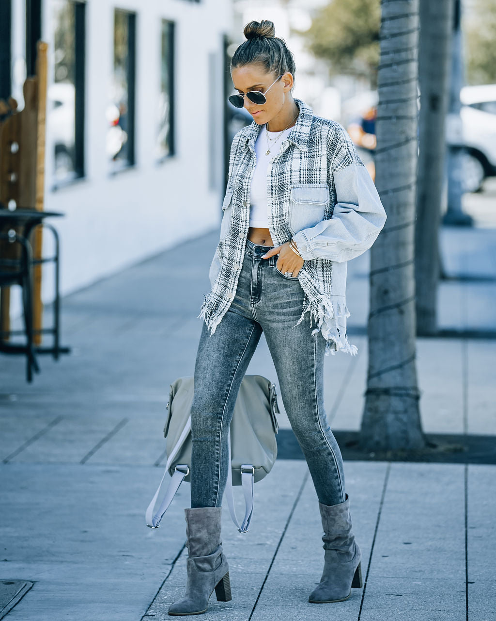 Kaylyn Contrast Plaid Frayed Denim Shacket Ins Street