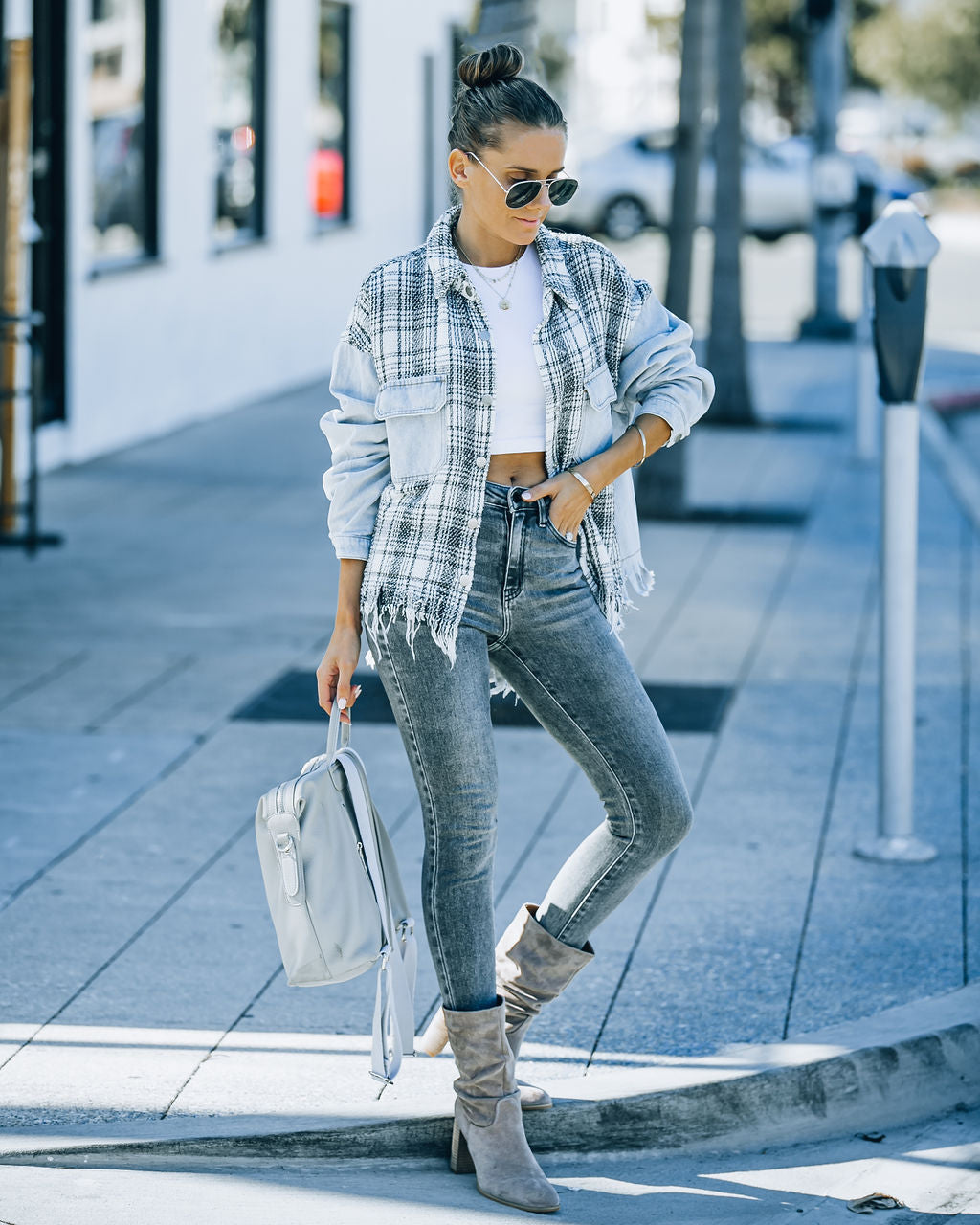 Kaylyn Contrast Plaid Frayed Denim Shacket Ins Street