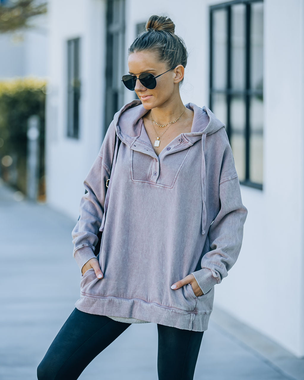 Iza Cotton Blend Pocketed Henley Hoodie - Dusty Mauve Ins Street