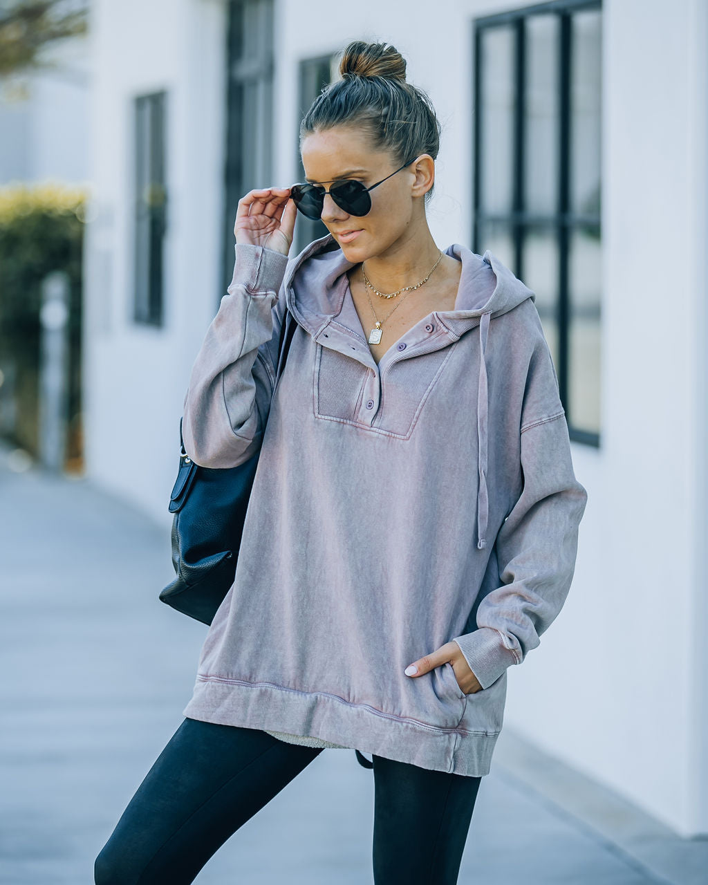 Iza Cotton Blend Pocketed Henley Hoodie - Dusty Mauve Ins Street