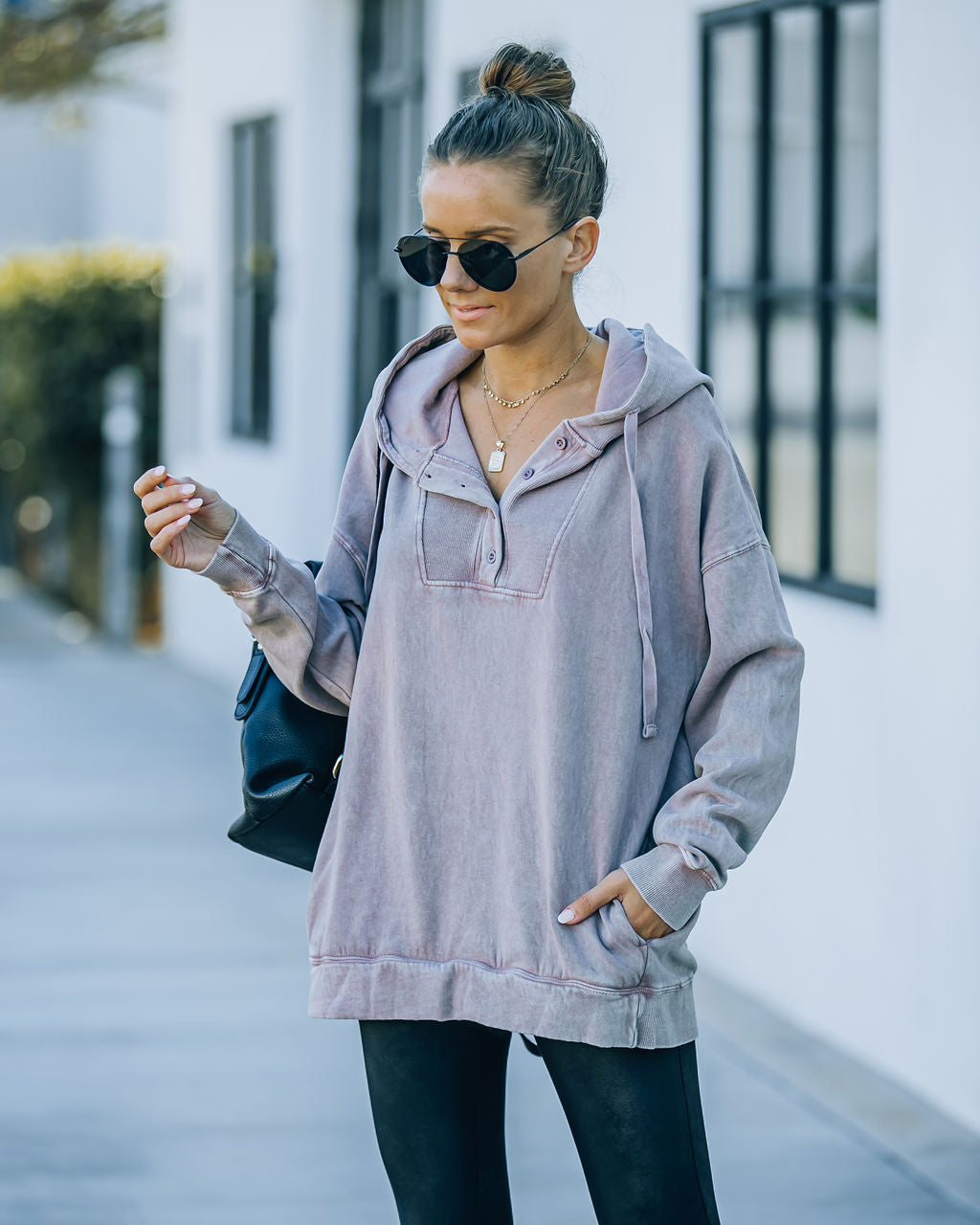 Iza Cotton Blend Pocketed Henley Hoodie - Dusty Mauve Ins Street