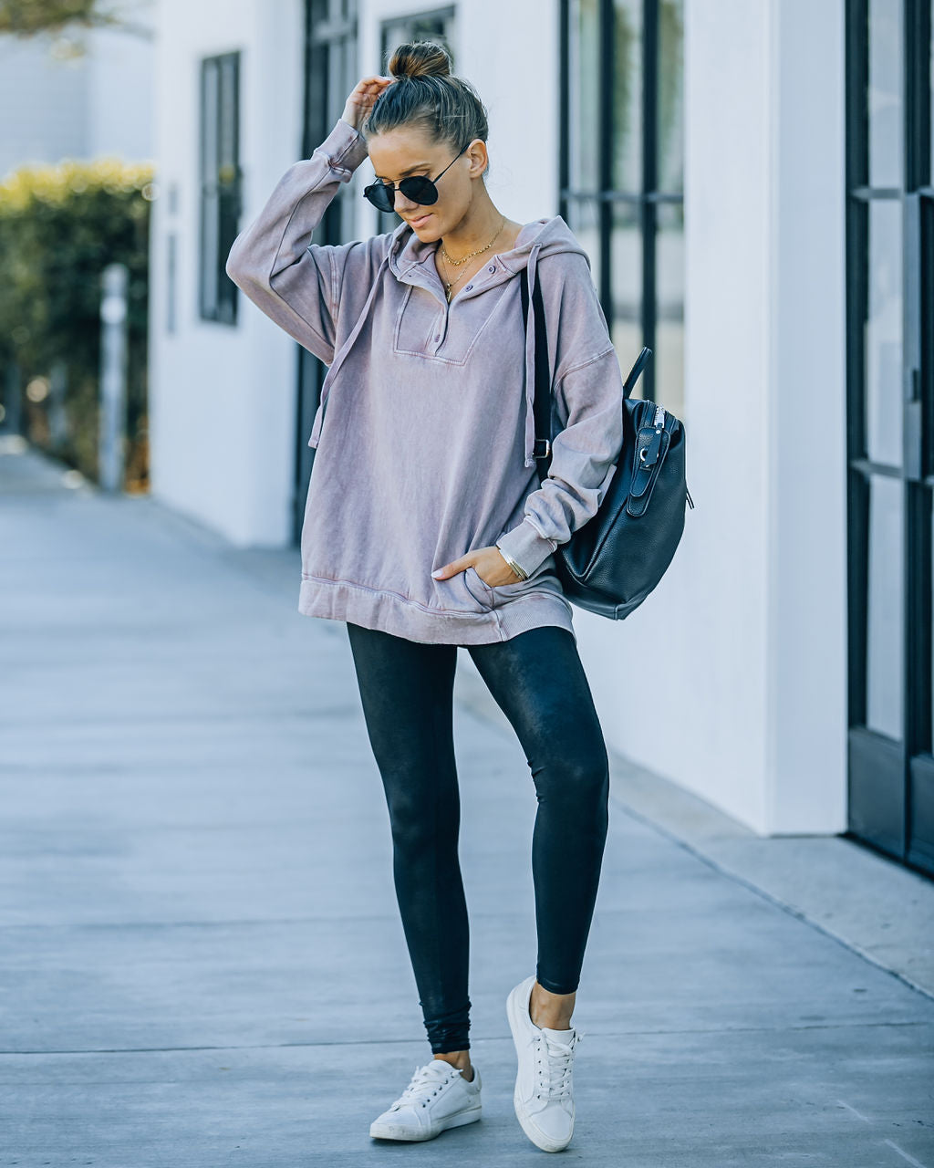 Iza Cotton Blend Pocketed Henley Hoodie - Dusty Mauve Ins Street