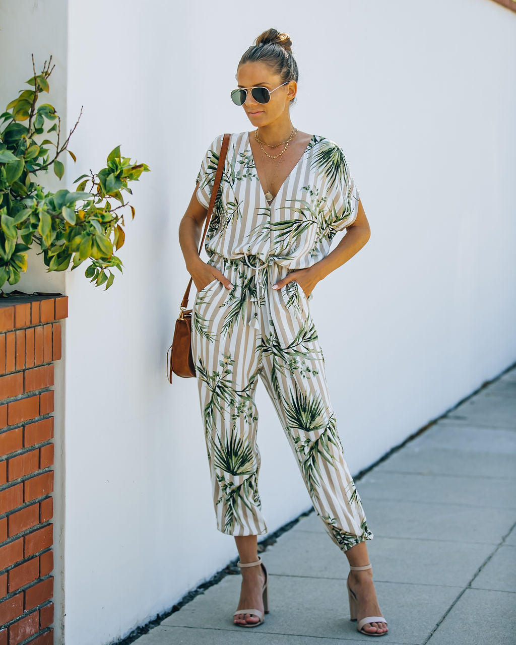 Sunset View Pocketed Palm Print Striped Jumpsuit - Taupe Ins Street