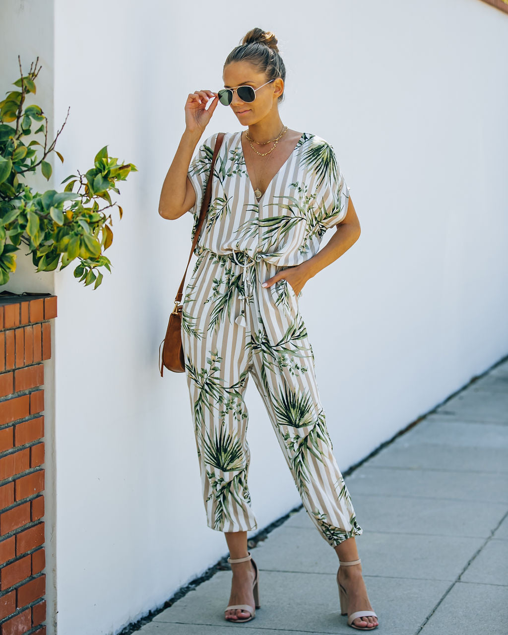 Sunset View Pocketed Palm Print Striped Jumpsuit - Taupe Ins Street