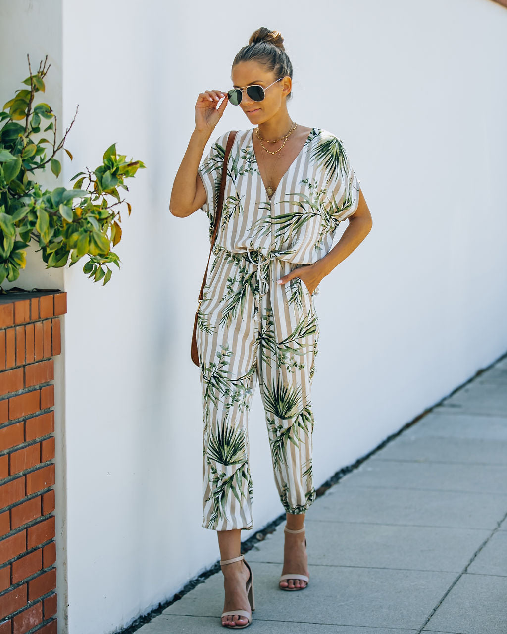 Sunset View Pocketed Palm Print Striped Jumpsuit - Taupe Ins Street