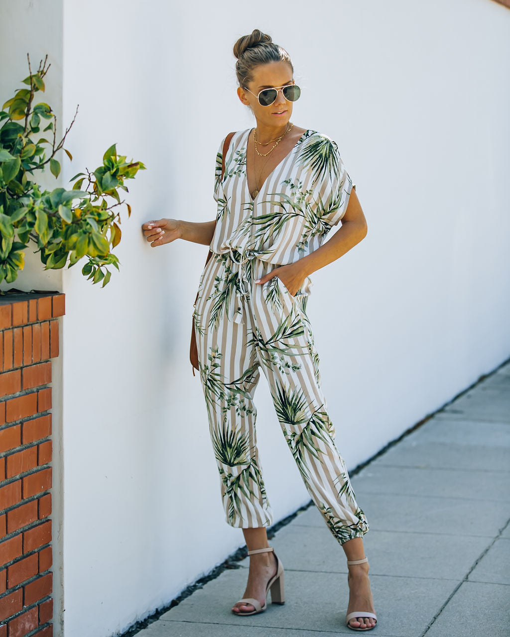 Sunset View Pocketed Palm Print Striped Jumpsuit - Taupe Ins Street