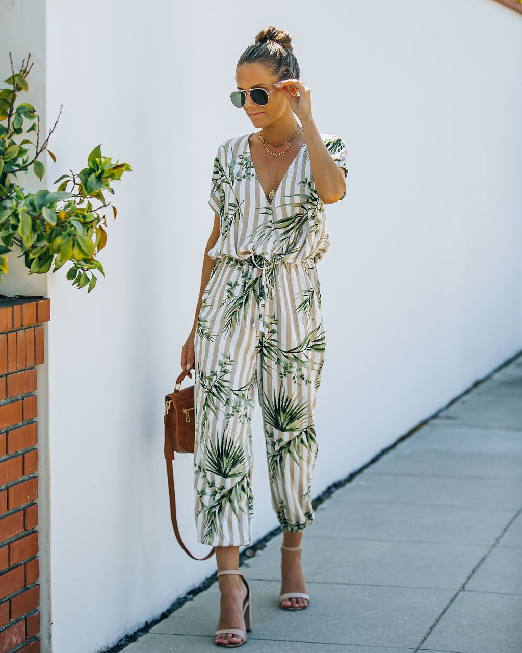 Sunset View Pocketed Palm Print Striped Jumpsuit - Taupe Ins Street