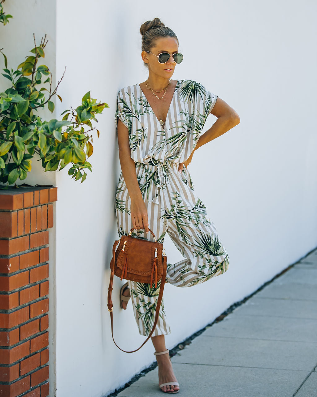 Sunset View Pocketed Palm Print Striped Jumpsuit - Taupe Ins Street