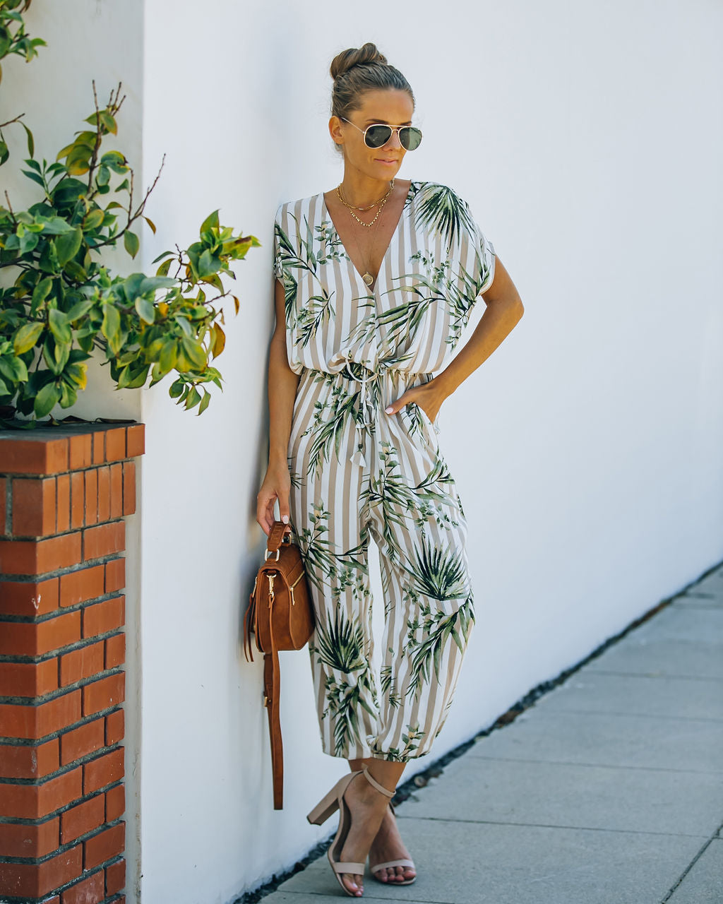 Sunset View Pocketed Palm Print Striped Jumpsuit - Taupe Ins Street