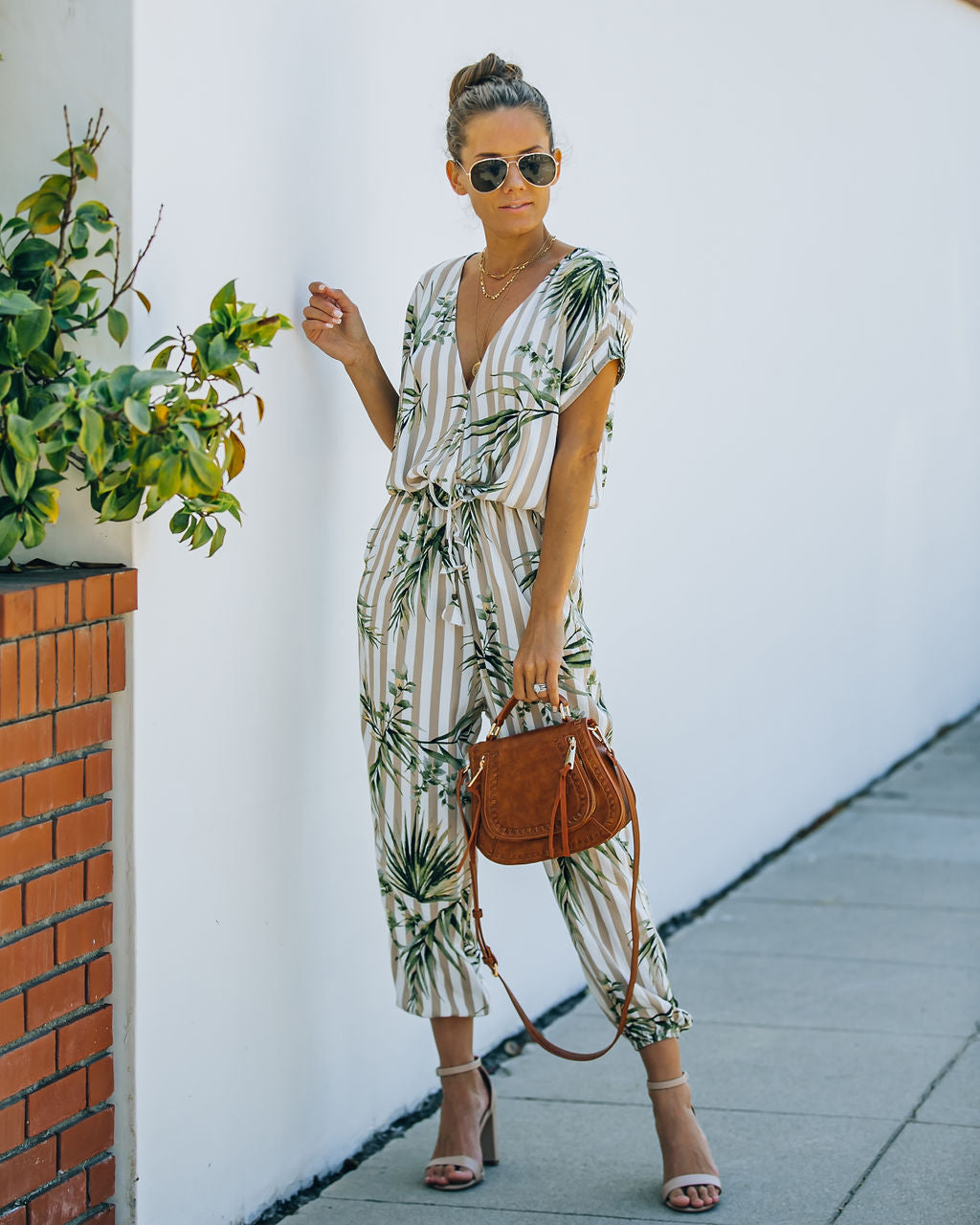 Sunset View Pocketed Palm Print Striped Jumpsuit - Taupe Ins Street